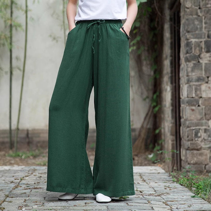 Women’s Wide-Leg Pants – Linen Blend – Relaxed Fit – Elastic Drawstring Waist – With Pockets