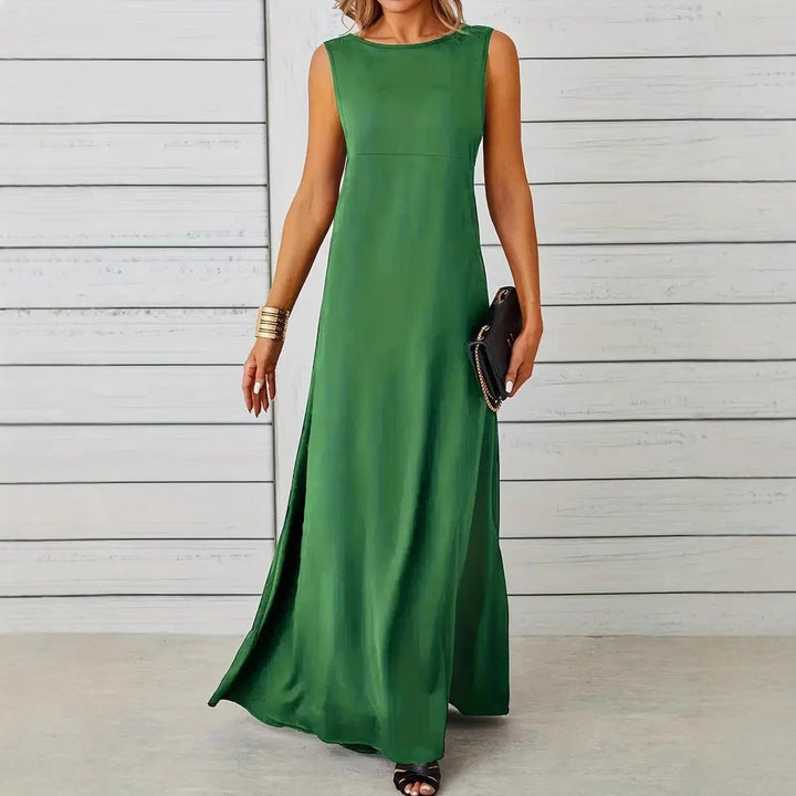 Women’s Maxi Dress – Sleeveless A-Line – Lightweight Fabric – High Neck Minimalist Style