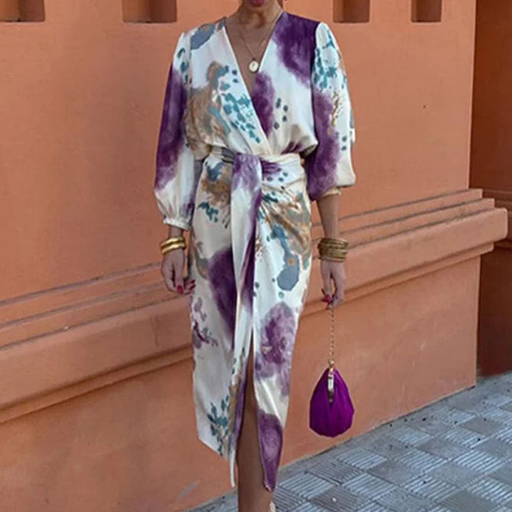 Women's Wrap Dress – Fitted Waist – Asymmetric Hem – Decorative Sleeves – Luxury Fabric