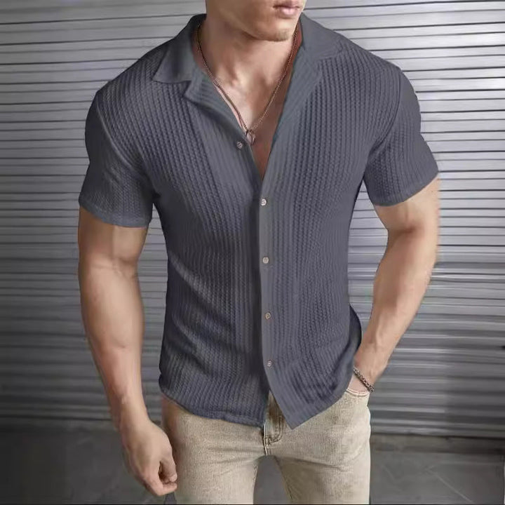 Men’s T-Shirt – Slim Fit – Waffle Knit – Button Front – Short Sleeve – Collared