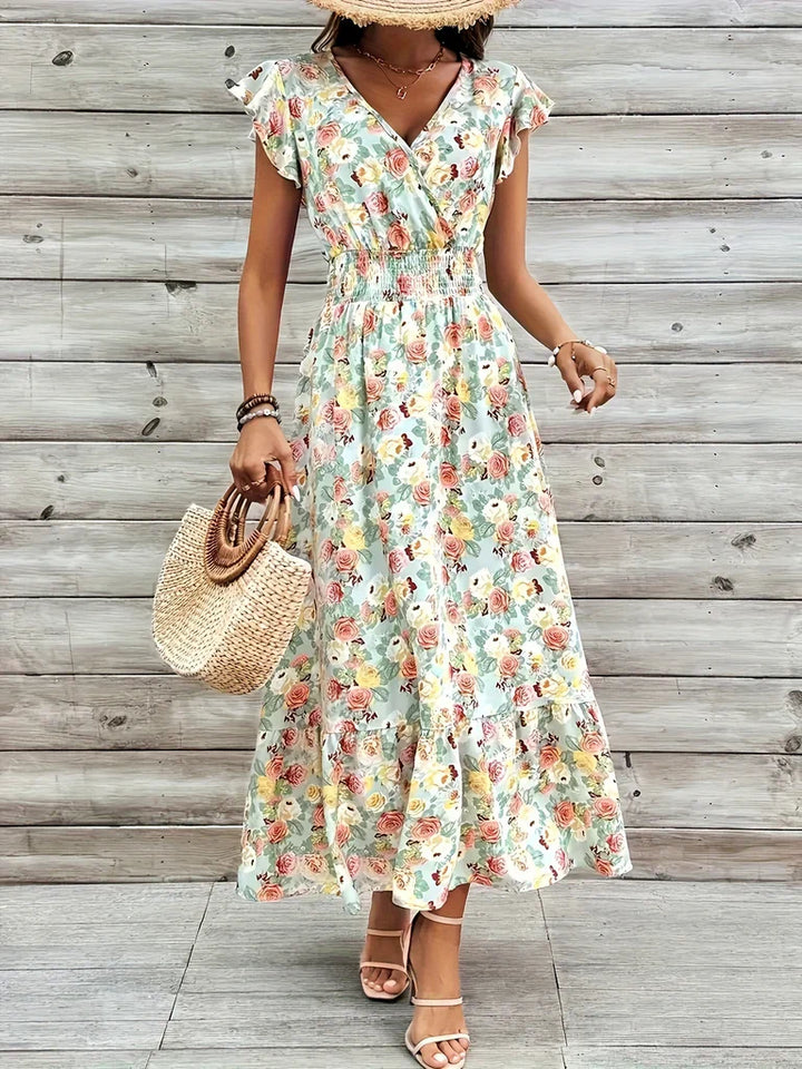 Women’s Maxi Dress – Cotton – Tiered Skirt – V-Neck – Flutter Sleeves