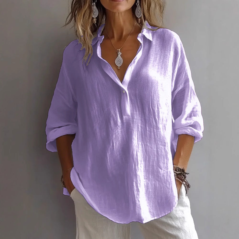 Women’s V-Neck Shirt – Natural Fibers – Loose Fit – Long Sleeve Casual Style