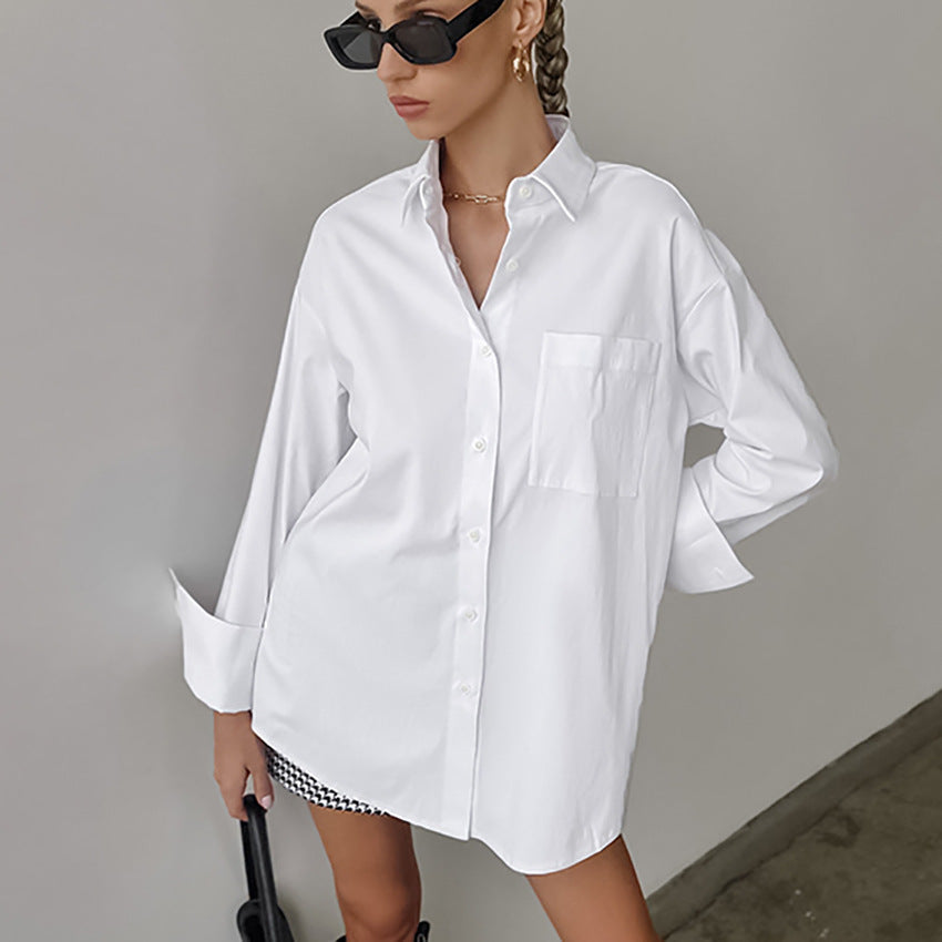 Women’s Button-Up Shirt - Cotton Blend - Oversized Fit - Long Sleeve Casual Layer