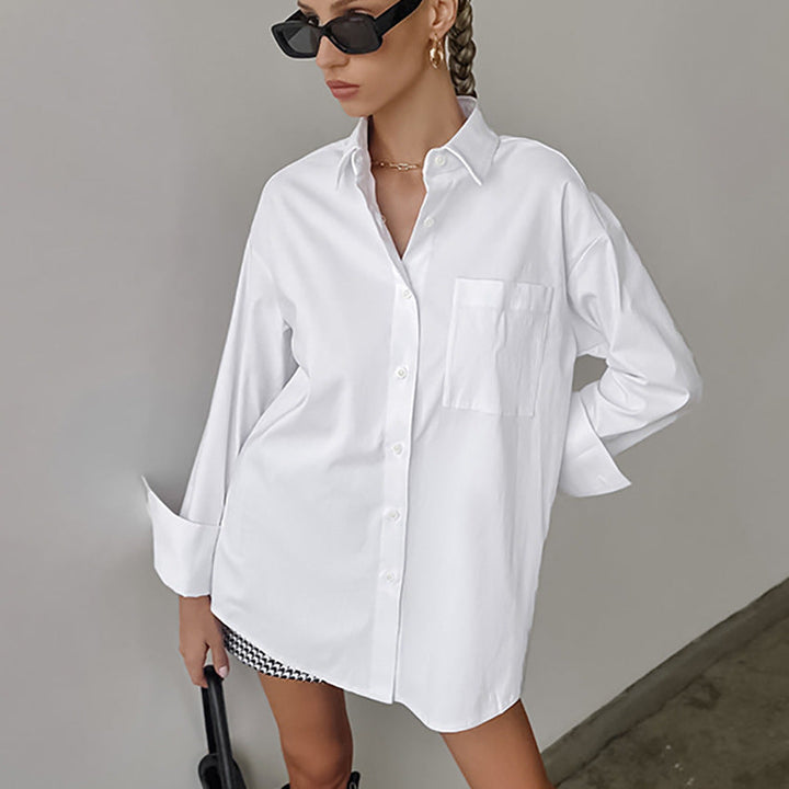 Women’s Button-Up Shirt - Cotton Blend - Oversized Fit - Long Sleeve Casual Layer