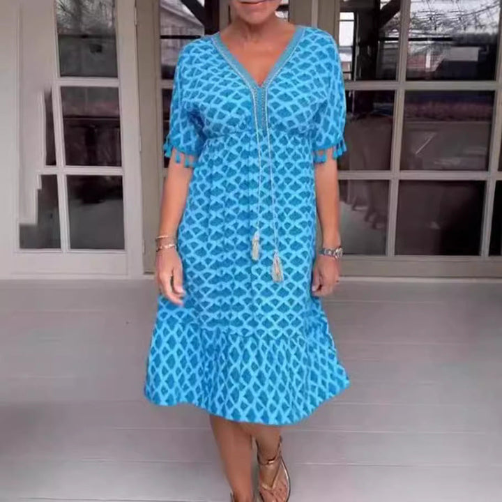 Women’s Midi Dress – Relaxed Fit – V-Neck with Tassel Tie – Fringed Sleeves – Geometric Print