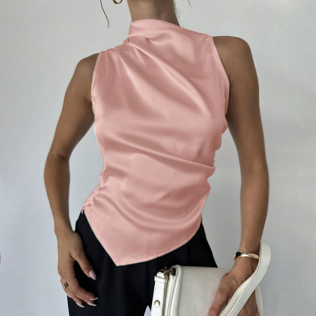 Women’s Sleeveless Blouse - Slim Fit - High Neck - Draped Front - Luxury Fabric