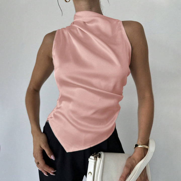 Women’s Sleeveless Blouse - Slim Fit - High Neck - Draped Front - Luxury Fabric
