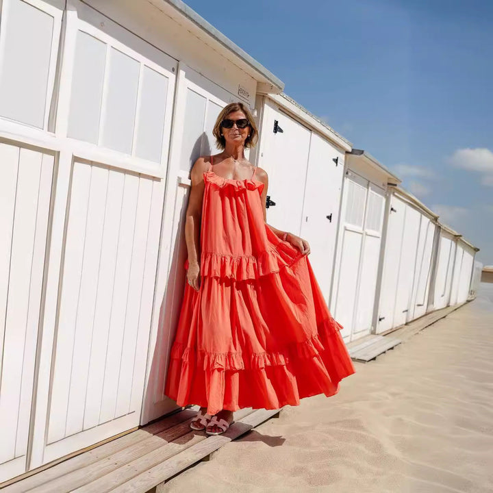 Women’s Maxi Dress - Lightweight Cotton - Ruffle Neckline - Tiered Skirt - Spaghetti Straps