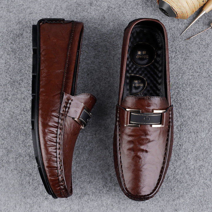 Men’s Leather Loafers - Slip-On Fit - Decorative Strap - Soft Sole Comfort