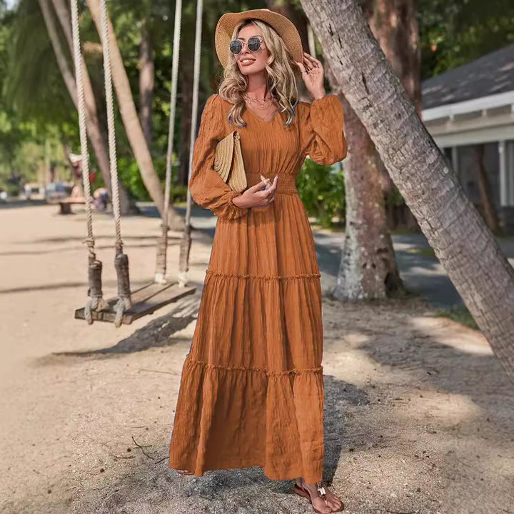 Women’s Maxi Dress – V-Neck – Smocked Waist – Tiered Skirt – Long Sleeve – Breathable Blend