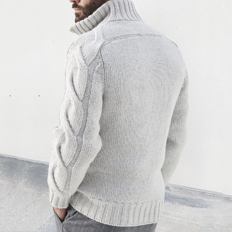 Men’s Knit Cardigan – Wool Blend – High Neck – Cable Knit Sleeves – Zip Front – Relaxed Fit