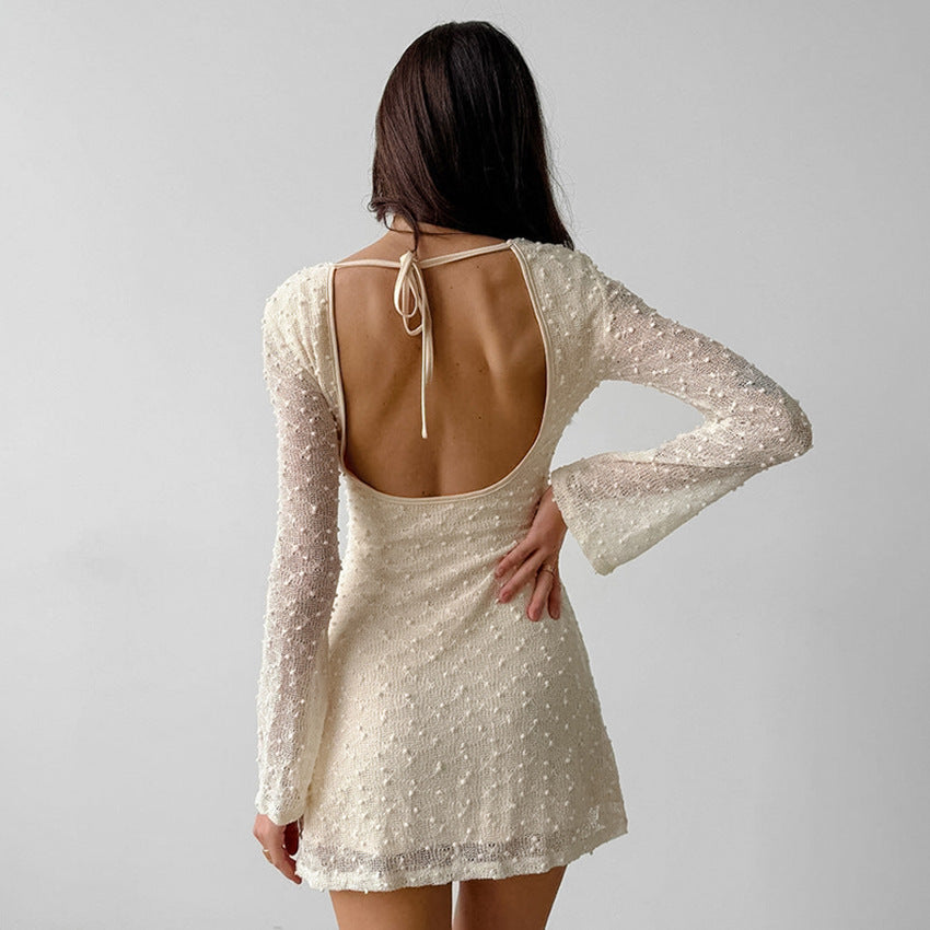 Women’s Mini Dress – Textured Fabric – Slim Fit – Round Neck – Long Sleeve Elegant Style