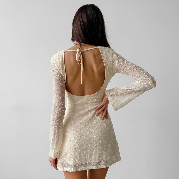 Women’s Mini Dress – Textured Fabric – Slim Fit – Round Neck – Long Sleeve Elegant Style