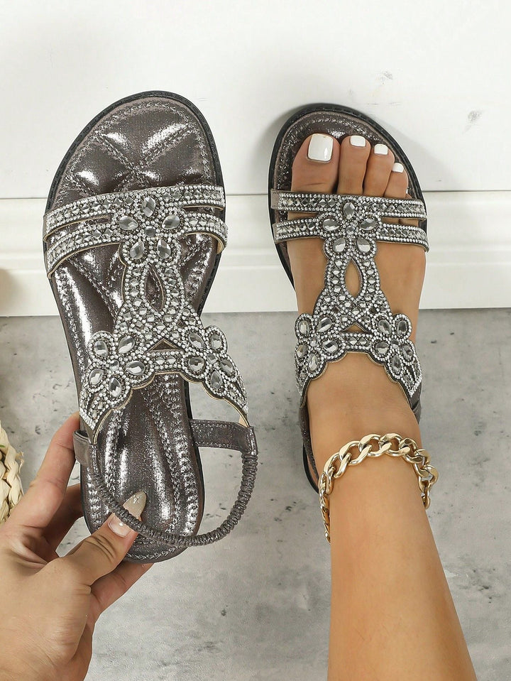 Women’s Flat Sandals – Open Toe – Rhinestone Straps – Cut-Out Slingback Design