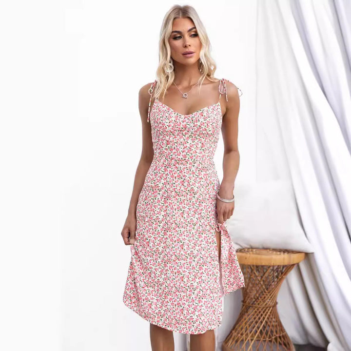 Women’s Midi Dress – Slim Fit – Floral Print – Spaghetti Straps – Side Slit – Cotton Blend