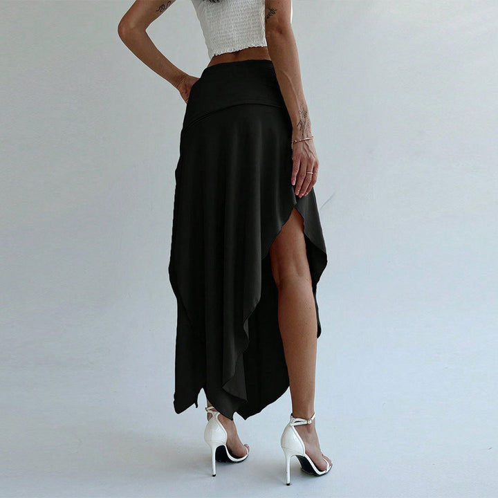 Women’s Midi Skirt – High Waist – Ruched Waistband – Asymmetrical Hem – Flowy Fit