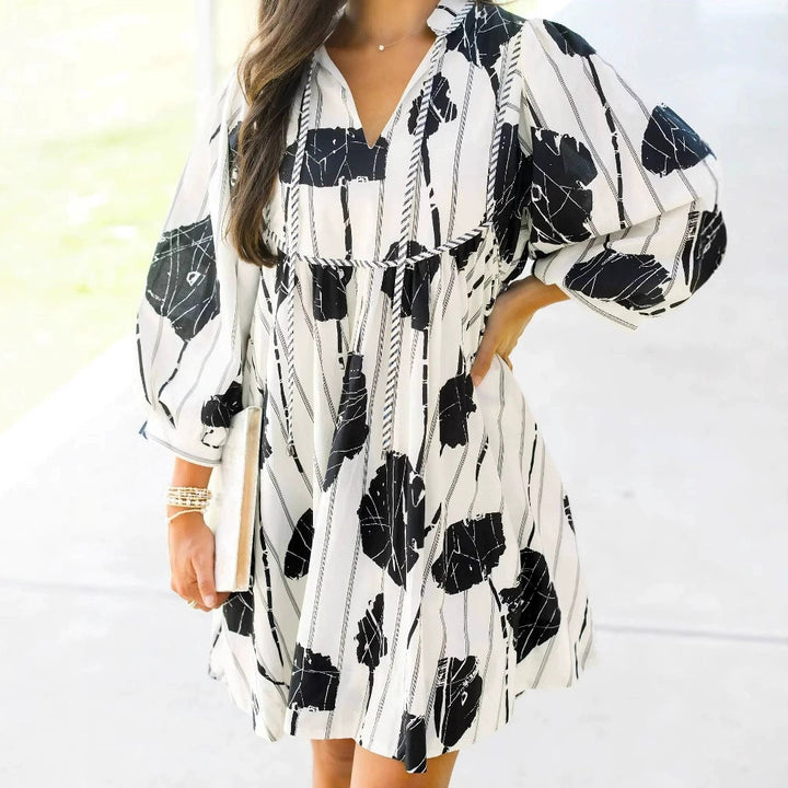 Women's Dress - Lightweight Cotton Blend - V-Neck - Puff Long Sleeve - Flowy Fit