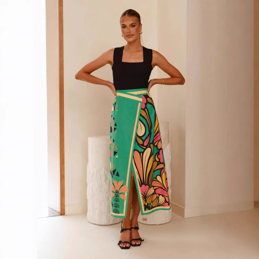 Women’s Midi Skirt - High Waist - Wrap Style - Slim Fit - Front Slit - Abstract Print