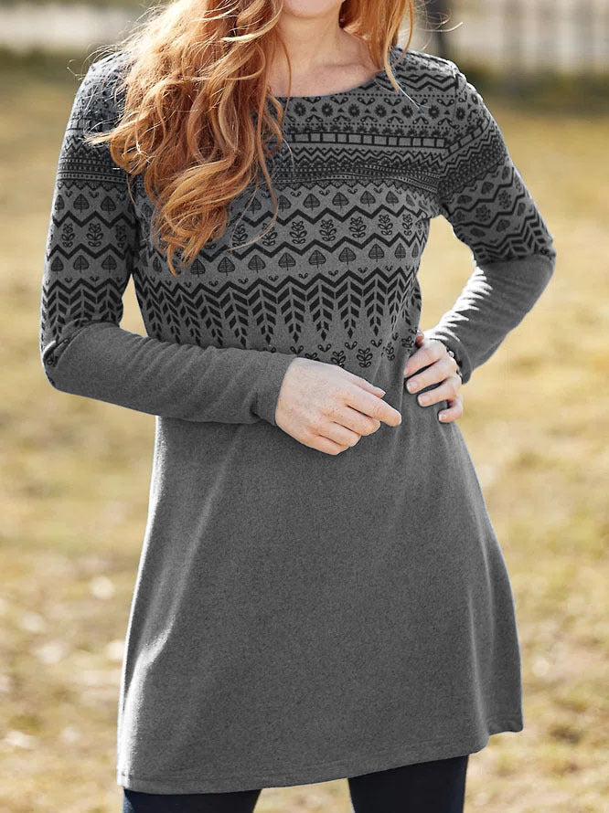 Women’s Long Sleeve Dress – Relaxed Fit – Ethnic Print – Round Neck