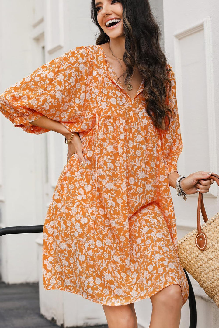 Women’s Midi Dress – V-Neck – Long Sleeve – Relaxed Fit – Floral Print – Lightweight Fabric
