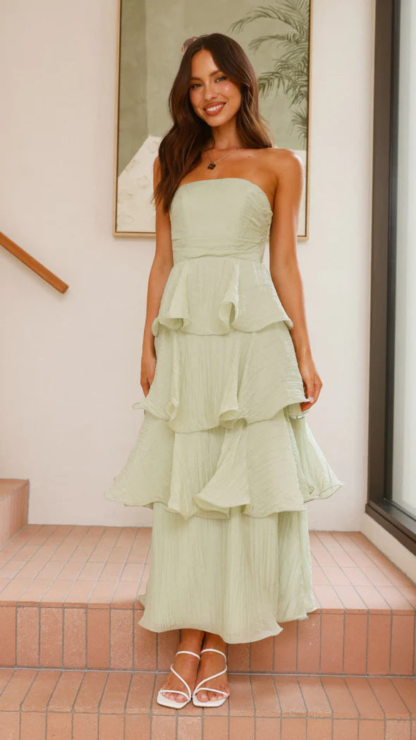 Women’s Strapless Midi Dress – Fitted Bodice – Tiered Ruffle Skirt – Lightweight Flowing Fit