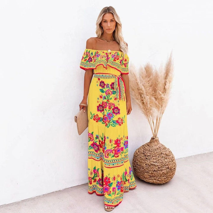 Women’s Maxi Dress – Off-Shoulder Ruffle Neckline – Tiered Skirt – Belted Fit – Breathable Blend