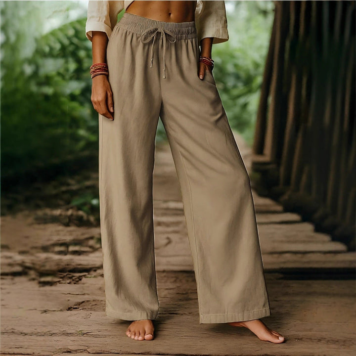 Women’s Wide Leg Pants – Cotton Linen – Relaxed Fit – Elastic Waist Drawstring