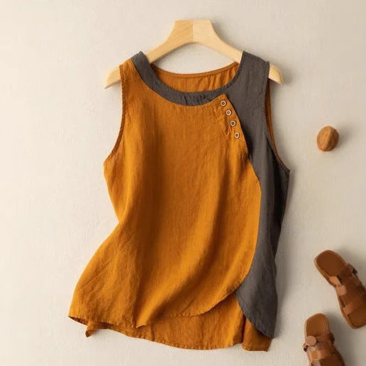Women’s Sleeveless Top – Relaxed Fit – Asymmetrical Hem – Button Neckline – Natural Fibers