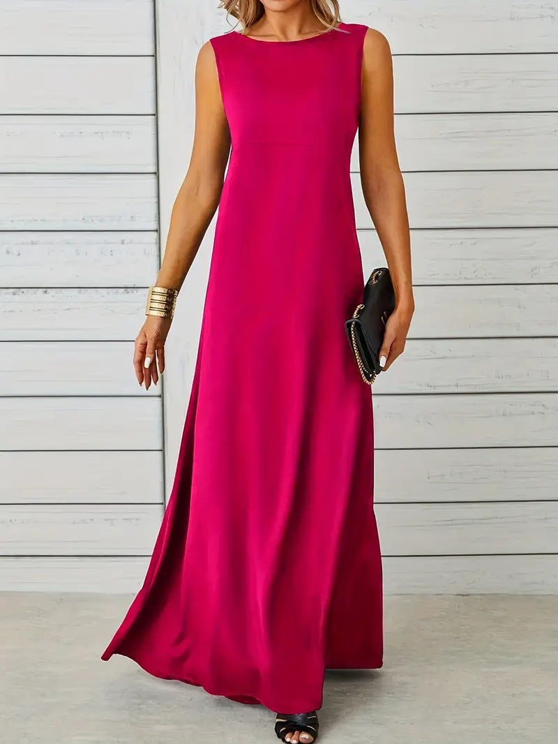 Women’s Maxi Dress – Sleeveless A-Line – Lightweight Fabric – High Neck Minimalist Style