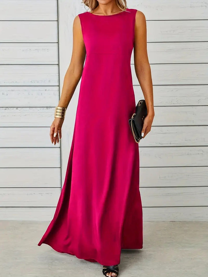 Women’s Maxi Dress – Sleeveless A-Line – Lightweight Fabric – High Neck Minimalist Style