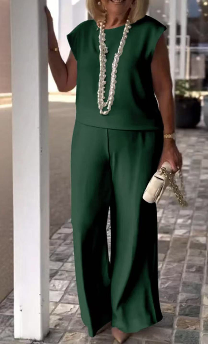 Women’s Two-Piece Set – Sleeveless Top – Wide-Leg Pants – Relaxed Fit – Silk
