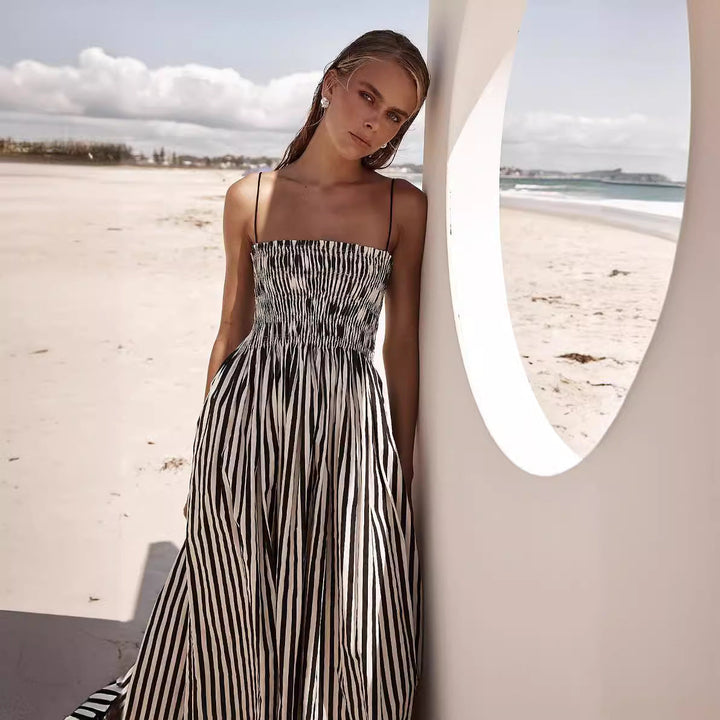 Women’s Maxi Dress – Shirred Bodice – Spaghetti Straps – Flowy Skirt – Side Pockets