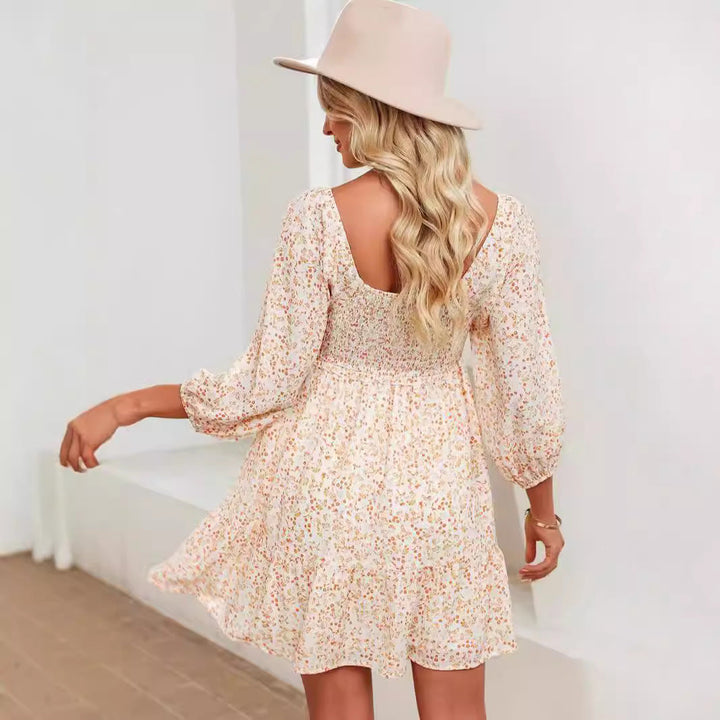 Women’s A-Line Dress – Smocked Bodice – Square Neck – Tiered Skirt – 3/4 Puff Sleeve