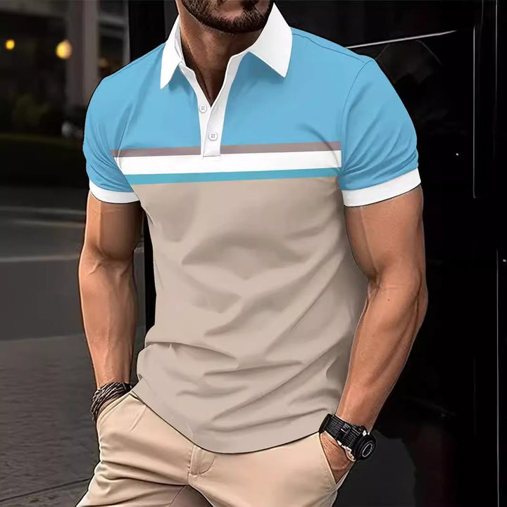 Men’s Polo Shirt - Slim Fit Cotton - Striped Chest - Short Sleeve - Contrast Collar