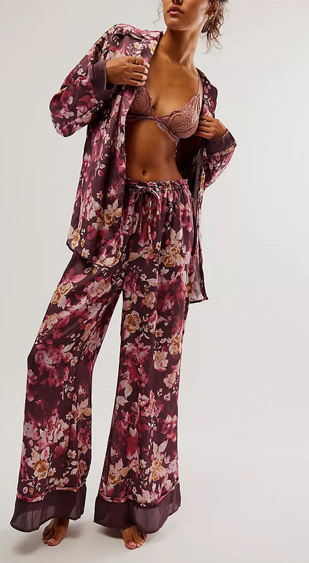 Women’s Loungewear Set – 100% Silk – Relaxed Fit – Lace Tank – Button-Up Top – Pajama Pants