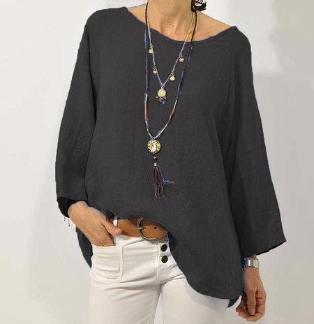 Women’s Top – Cotton Linen Blend – Relaxed Fit – 3/4 Raglan Sleeve – Asymmetrical Hem – Round Neck