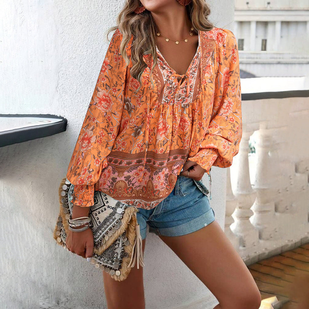 Women’s Blouse – Relaxed Fit – Tie Neck – Long Sleeve – Boho Style – Breathable Fabric