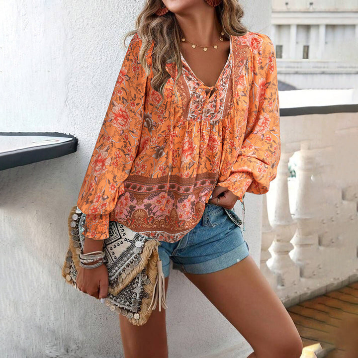 Women’s Blouse – Relaxed Fit – Tie Neck – Long Sleeve – Boho Style – Breathable Fabric