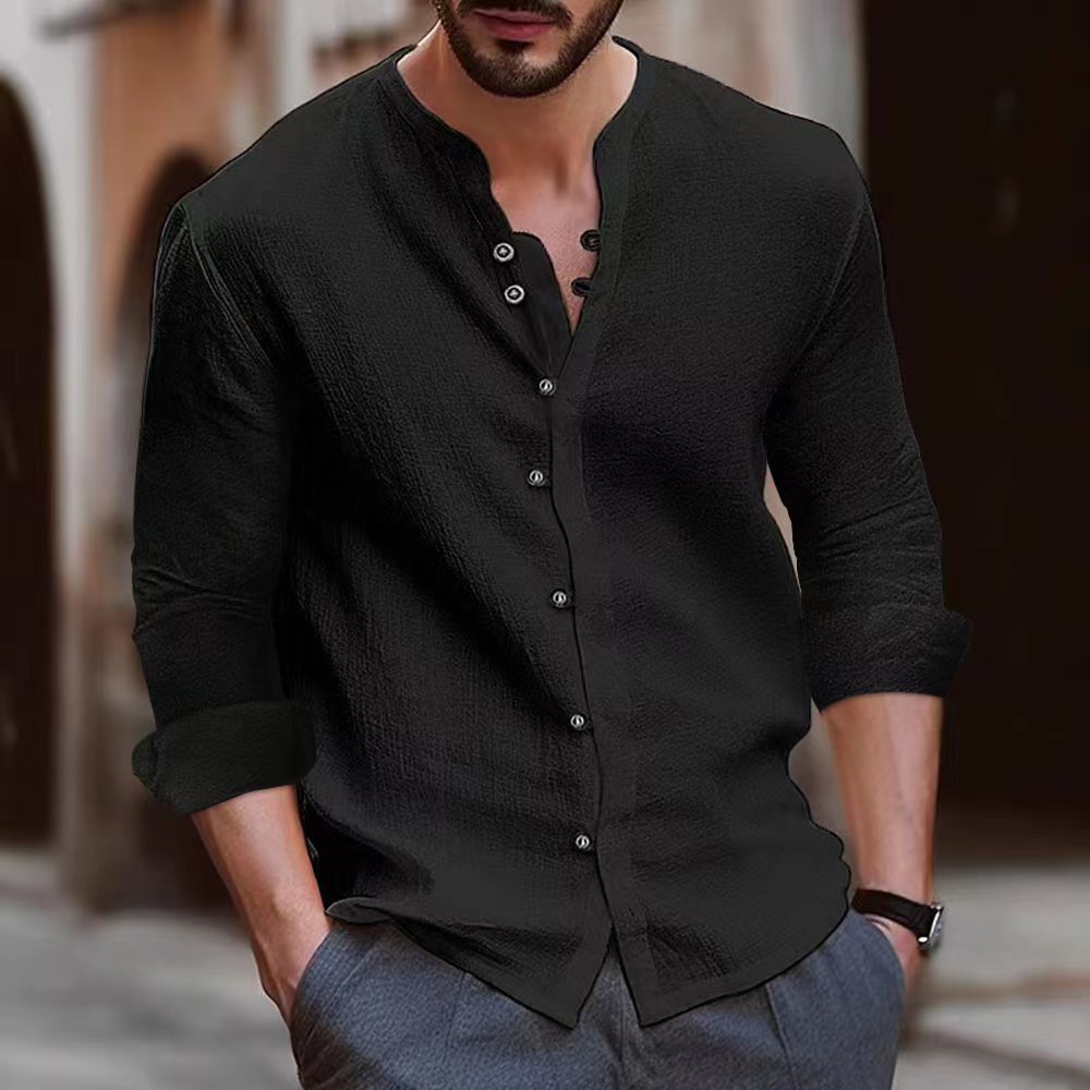 Men’s Long Sleeve Shirt - Cotton Linen Blend - Relaxed Fit - Band Collar Button-Up Casual Wear
