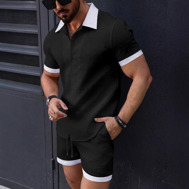 Men's Shirt and Shorts Set - Jacquard Texture - Relaxed Fit - Lapel Collar - Drawstring Waist
