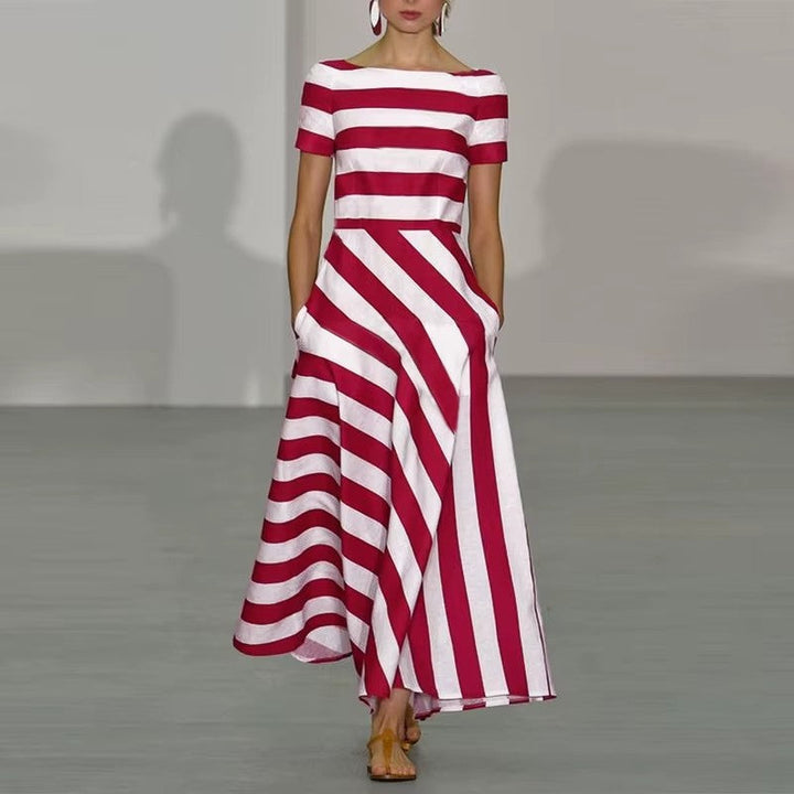 Women’s Long Dress – Flared Silhouette – Off Shoulder – Striped Pattern
