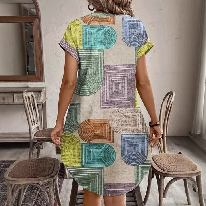 Women’s V-Neck Dress – Relaxed Fit – Button Down – Geometric Print – Breathable Blend