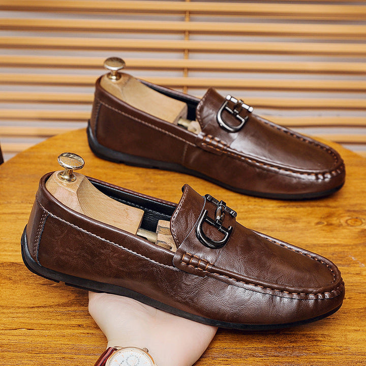 Men’s Loafers - Genuine Leather - Slip-On Design - Metal Buckle - Smart Casual Style