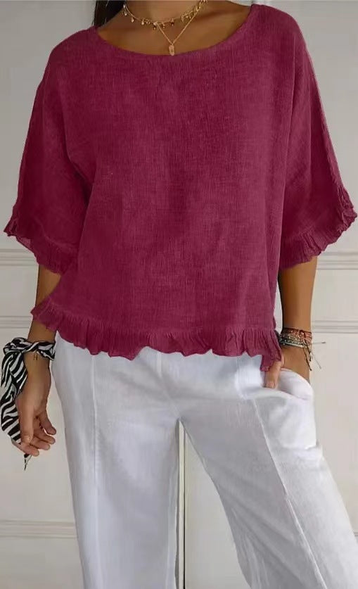 Women’s Blouse – Cotton Linen – Relaxed Fit – Ruffle Hem – Round Neck – Short Sleeve