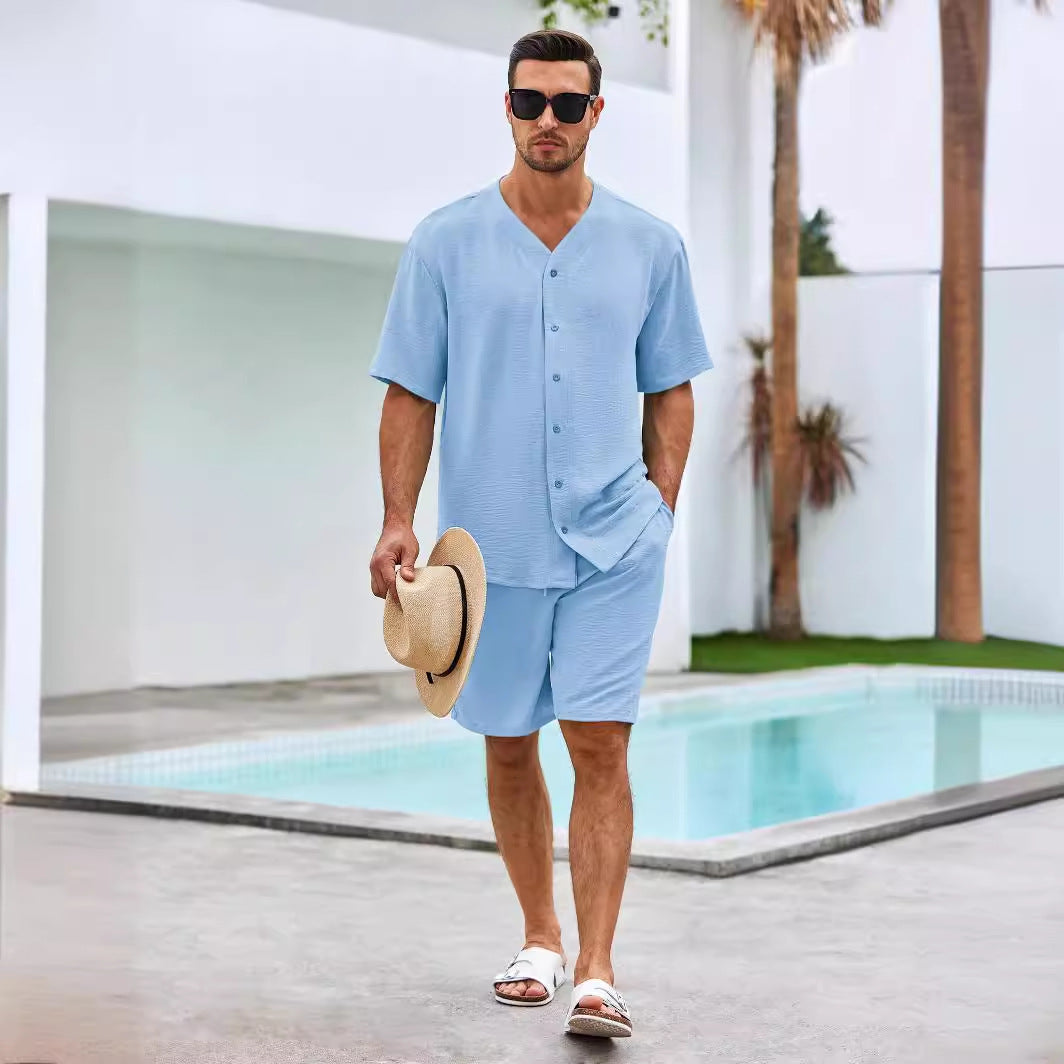Men’s Lounge Set – Short Sleeve Button Shirt – Relaxed Fit Shorts – Breathable Cotton