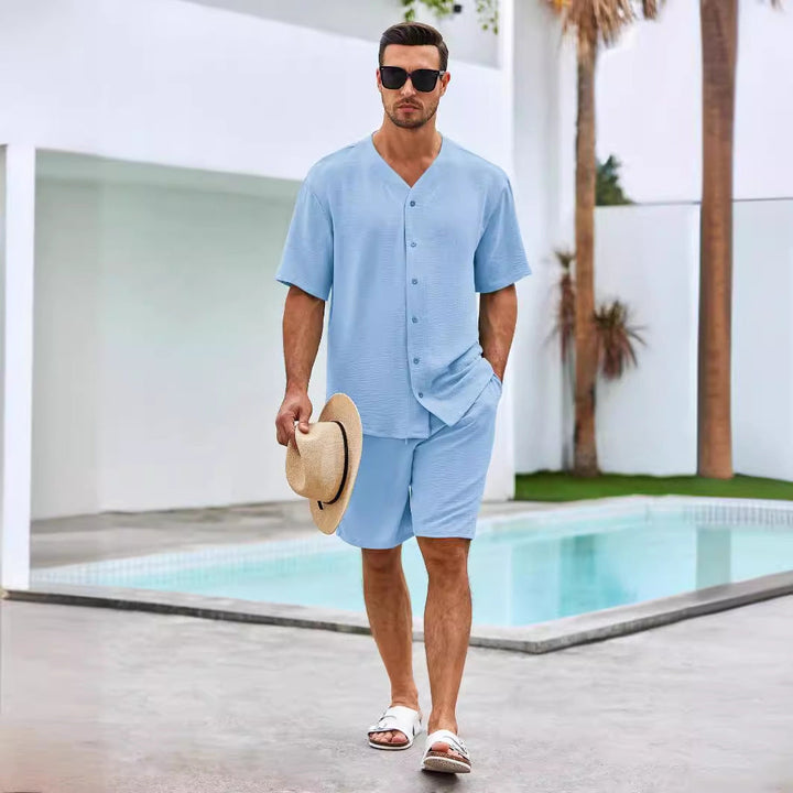 Men’s Lounge Set – Short Sleeve Button Shirt – Relaxed Fit Shorts – Breathable Cotton
