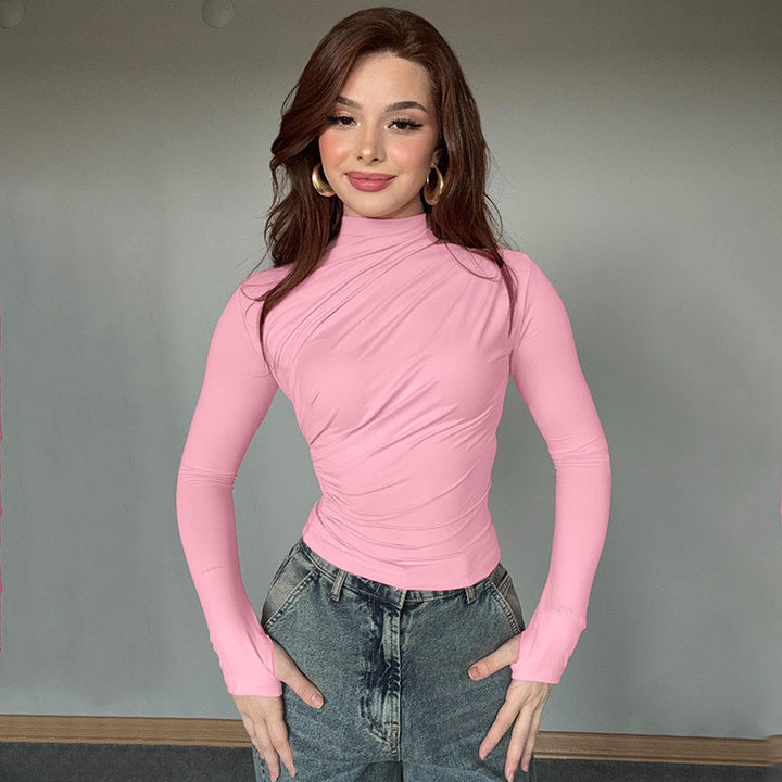 Women’s Long Sleeve Top – Slim Fit – High Neck – Ruched Soft Stretch Fabric