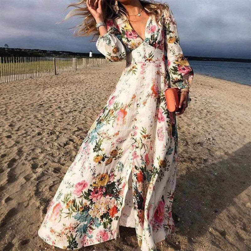 Women’s Maxi Dress – Flowing A-Line Fit – Deep V-Neck – Long Sleeve – Breathable Blend