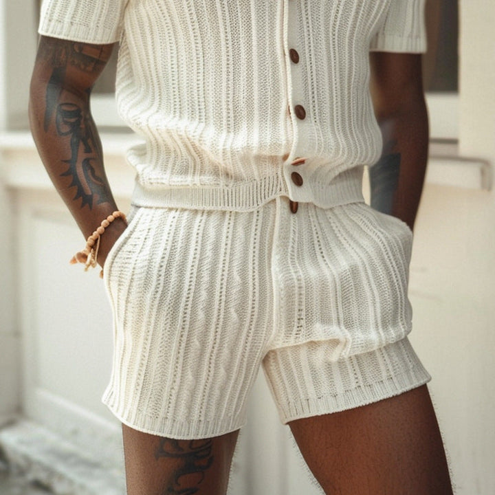 Men’s Knit Shirt and Shorts Set – Slim Fit – Button-Up Polo Collar – Breathable Matching Outfit