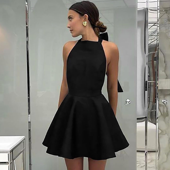 Women’s Halter Dress – Fit and Flare – A-Line Silhouette – Backless Elegant Cocktail Wear